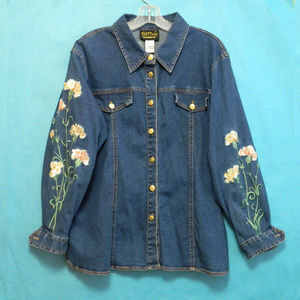 Bob Mackie Wearable Art Embroidered Jean Shirt Lg